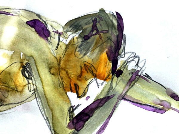 Utsnitt av en krokiskiss i blyerts och akvarell där en liggande person vilar sitt huvud på ena armen i framstupa sidoläge.
